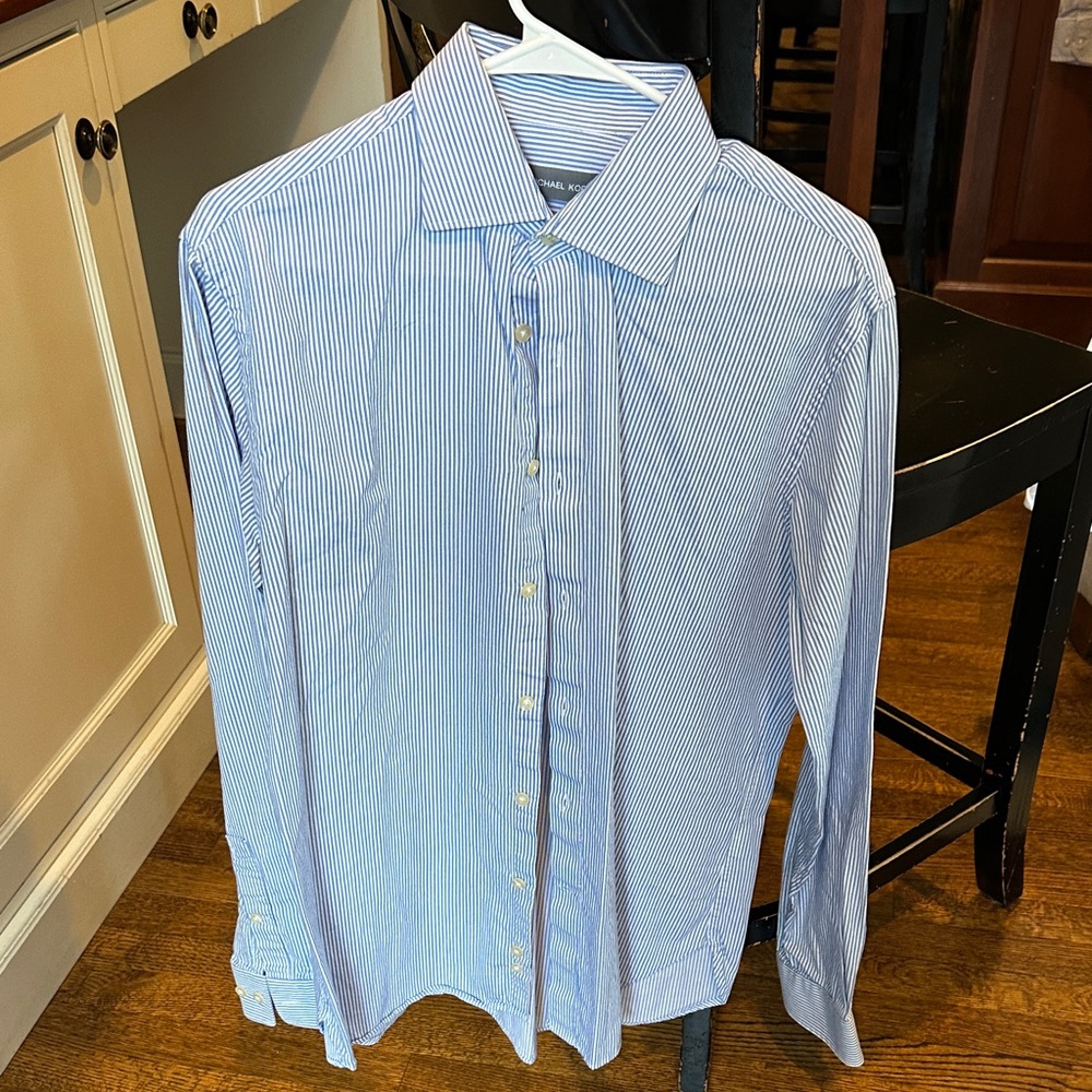 Michael Kors Blue and White Pinstripe Dress Shirt Neck 16 Sleeve 34/35